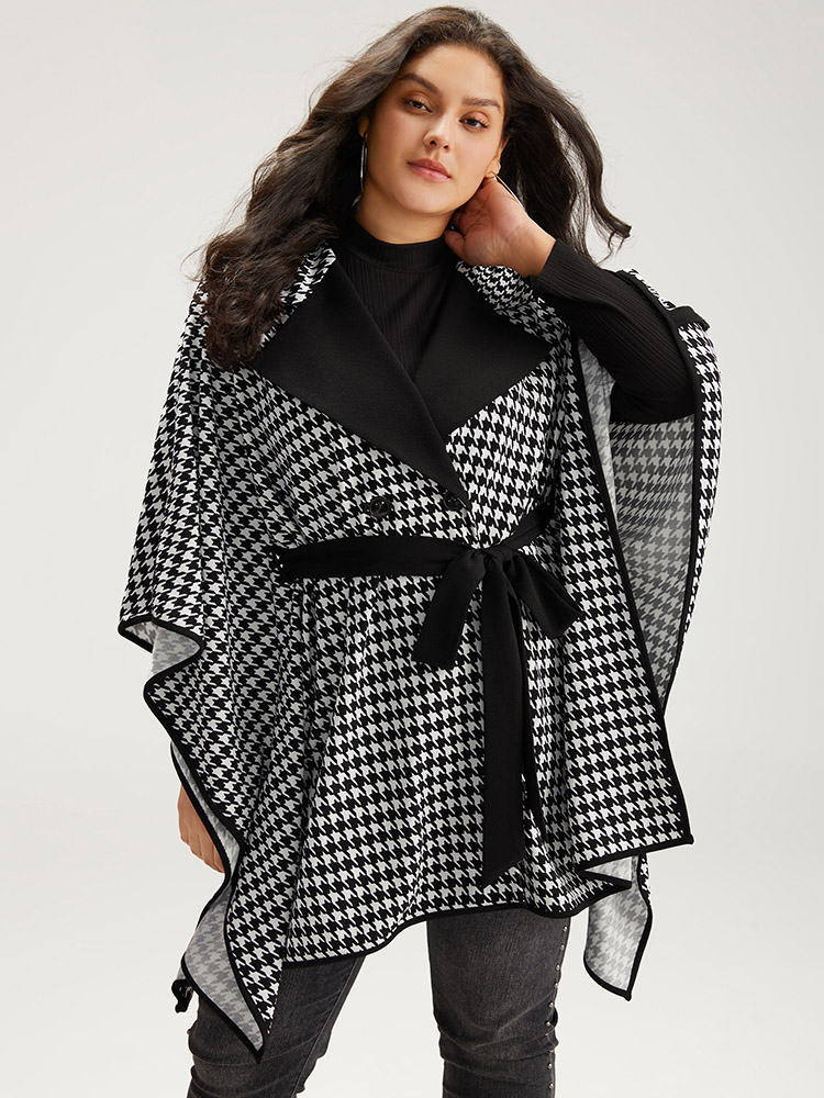 Plus Size Houndstooth Dolman Sleeve Lapel Collar Belted Coat Women Black Casual Belted Loose Ladies Dailywear Winter Coats BloomChic 22-24/3X 