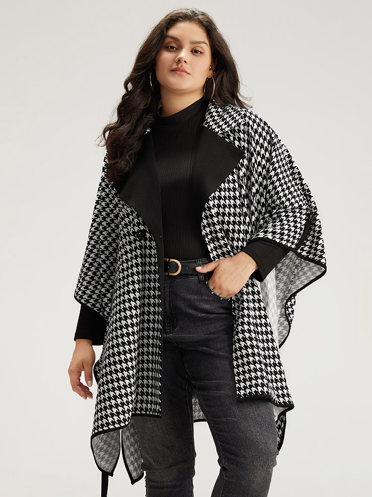 Plus Size Houndstooth Dolman Sleeve Lapel Collar Belted Coat Women Black Casual Belted Loose Ladies Dailywear Winter Coats BloomChic 22-24/3X 