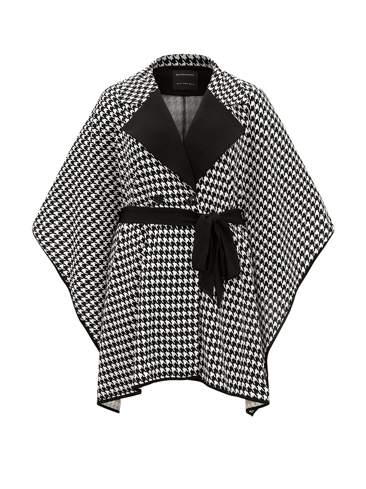

Plus Size Houndstooth Dolman Sleeve Lapel Collar Belted Coat Women Black Casual Belted Loose Ladies Dailywear Winter Coats BloomChic