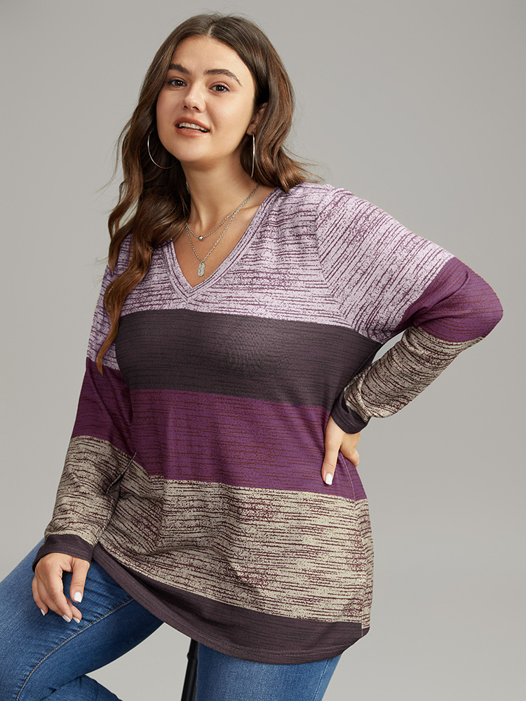 Plus Size Striped Colorblock Contrast V Neck T-shirt Purple Women Casual Contrast Colorblock V-neck Everyday T-shirts BloomChic 22-24/3X 