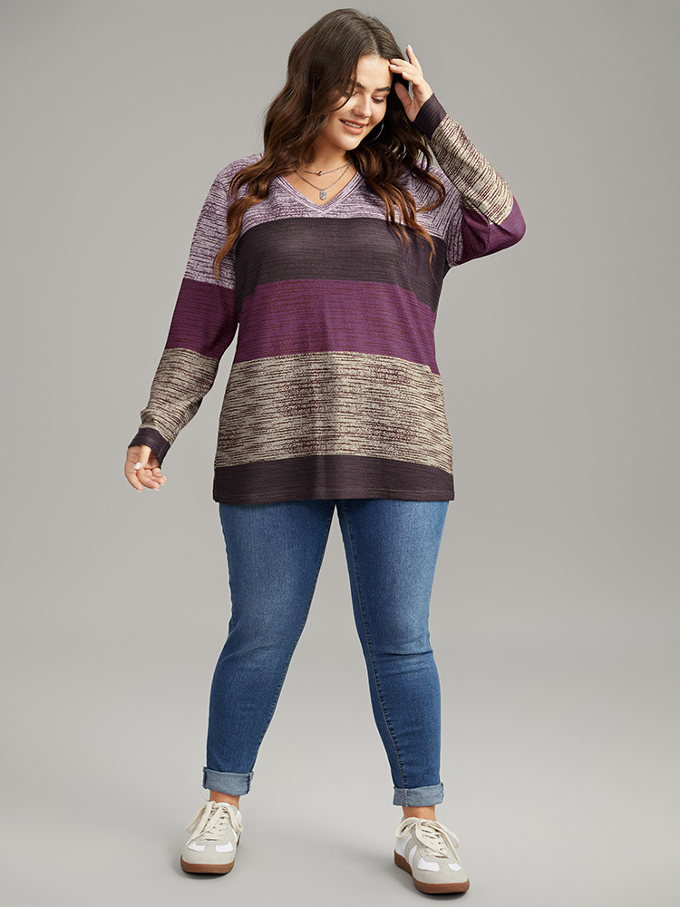 Plus Size Striped Colorblock Contrast V Neck T-shirt Purple Women Casual Contrast Colorblock V-neck Everyday T-shirts BloomChic 22-24/3X 