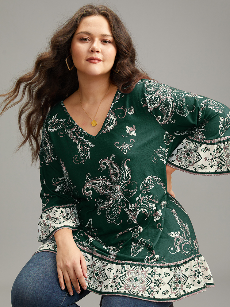 BloomChic Women's Plus Size Boho Print Patchwork Bell Sleeve T-shirt Cyan 3/4 Sleeve Dailywear 10/M
