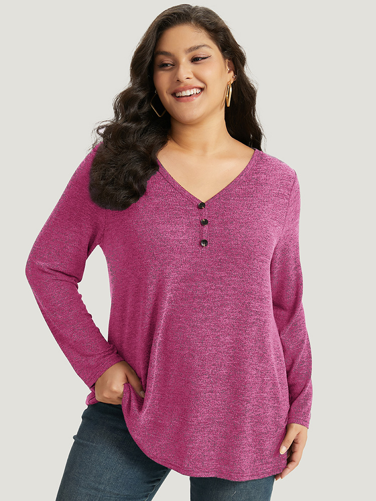 

Plus Size Heather Button Up Long Sleeve T-shirt RedViolet Women Casual Heather Plain V-neck Everyday T-shirts BloomChic