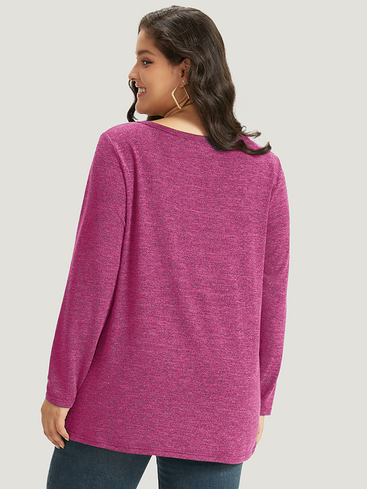 Plus Size Heather Button Up Long Sleeve T-shirt RedViolet Women Casual Heather Plain V-neck Everyday T-shirts BloomChic 10/M 
