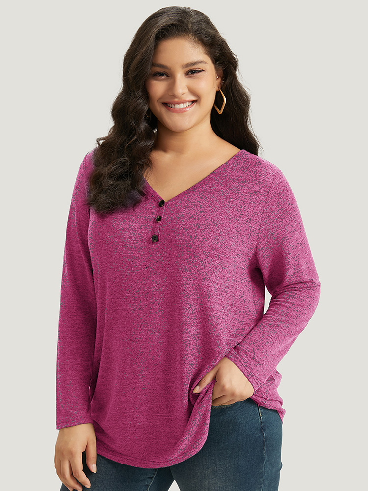 Plus Size Heather Button Up Long Sleeve T-shirt RedViolet Women Casual Heather Plain V-neck Everyday T-shirts BloomChic 10/M 