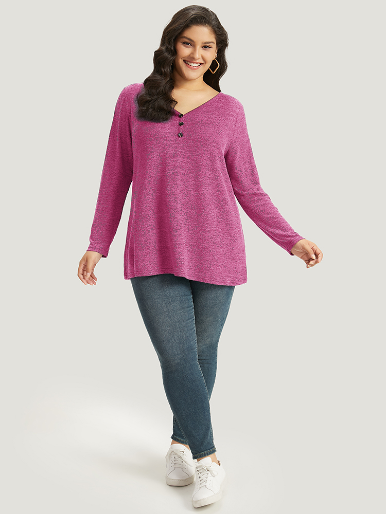 Plus Size Heather Button Up Long Sleeve T-shirt RedViolet Women Casual Heather Plain V-neck Everyday T-shirts BloomChic 10/M 