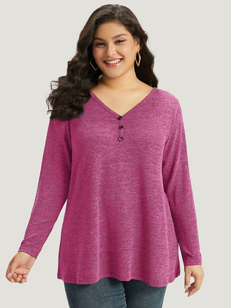 Plus Size Heather Button Up Long Sleeve T-shirt RedViolet Women Casual Heather Plain V-neck Everyday T-shirts BloomChic 10/M 