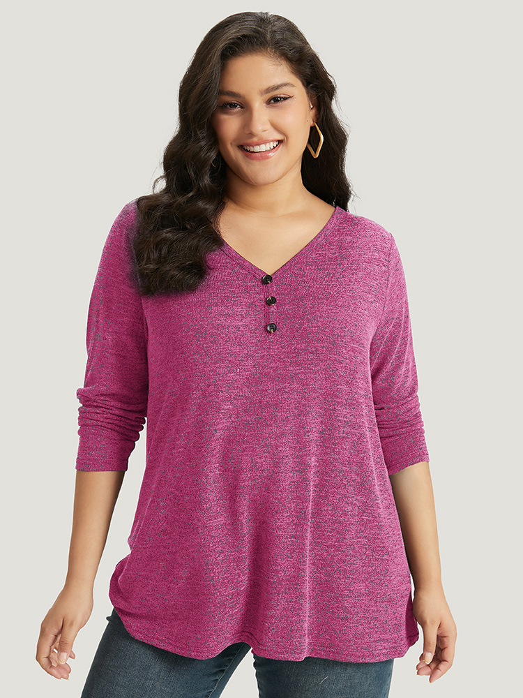 Plus Size Heather Button Up Long Sleeve T-shirt RedViolet Women Casual Heather Plain V-neck Everyday T-shirts BloomChic 10/M 