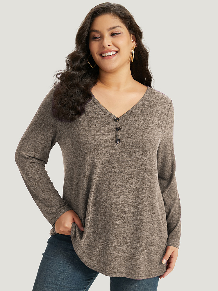 

Plus Size Heather Button Up Long Sleeve T-shirt LightBrown Women Casual Heather Plain V-neck Everyday T-shirts BloomChic