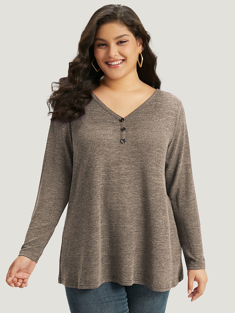 

Plus Size Heather Button Up Long Sleeve T-shirt LightBrown Women Casual Heather Plain V-neck Everyday T-shirts BloomChic