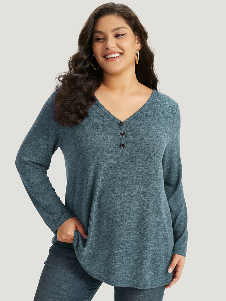 

Plus Size Heather Button Up Long Sleeve T-shirt Green Women Casual Heather Plain V-neck Everyday T-shirts BloomChic