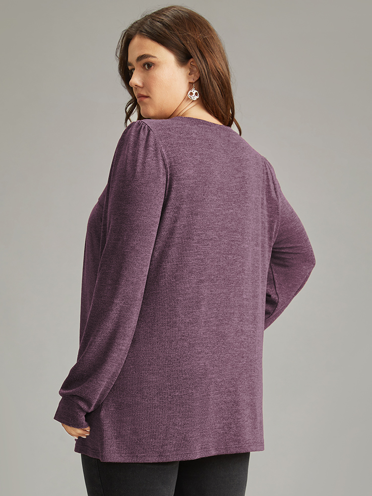 

Plus Size Plain Heather Plicated Detail T-shirt Purple Round Neck Long Sleeve Casual Jersey Tops