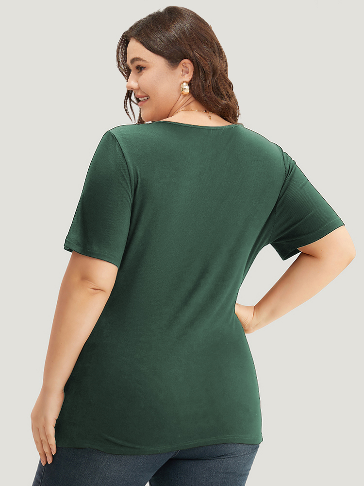 

Plus Size Rib Knit Plain Notched T-shirt Green Women Casual Plain Plain Notched collar Dailywear T-shirts BloomChic