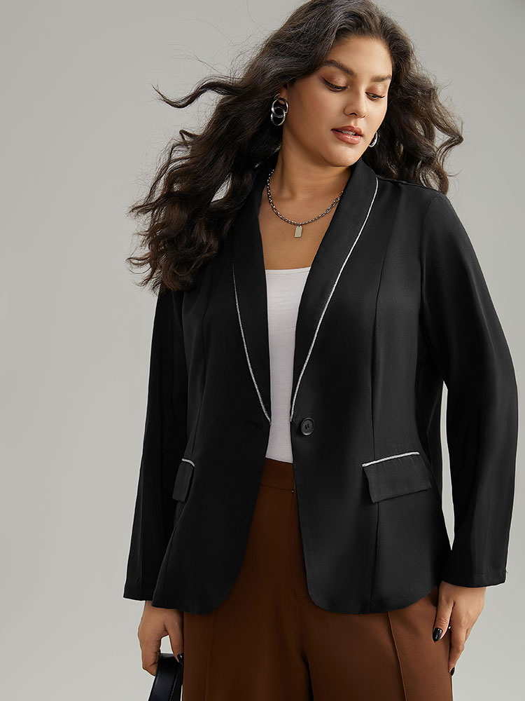 

Plus Size Twill Patchwork Contrast Trim Button Up Blazer Black Women Work Plain Contrast Sleeve Long Sleeve Suit Collar  Office Blazers BloomChic