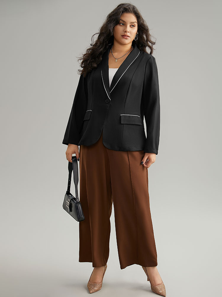 Plus Size Twill Patchwork Contrast Trim Button Up Blazer Black Women Work Plain Contrast Sleeve Long Sleeve Suit Collar 28/5X Office Blazers BloomChic 
