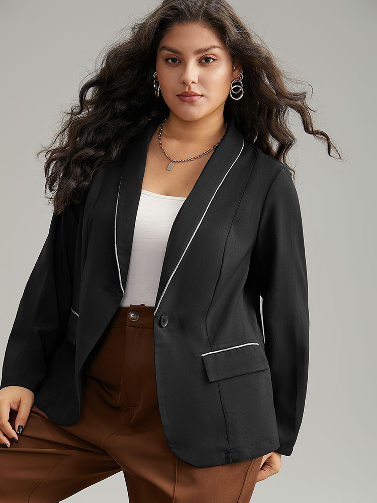 Plus Size Twill Patchwork Contrast Trim Button Up Blazer Black Women Work Plain Contrast Sleeve Long Sleeve Suit Collar 28/5X Office Blazers BloomChic 