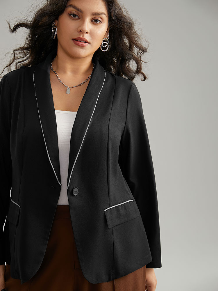 Plus Size Twill Patchwork Contrast Trim Button Up Blazer Black Women Work Plain Contrast Sleeve Long Sleeve Suit Collar 28/5X Office Blazers BloomChic 