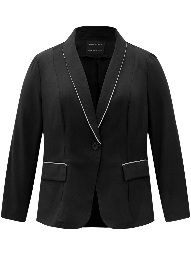 

Plus Size Twill Patchwork Contrast Trim Button Up Blazer Black Women Work Plain Contrast Sleeve Long Sleeve Suit Collar  Office Blazers BloomChic