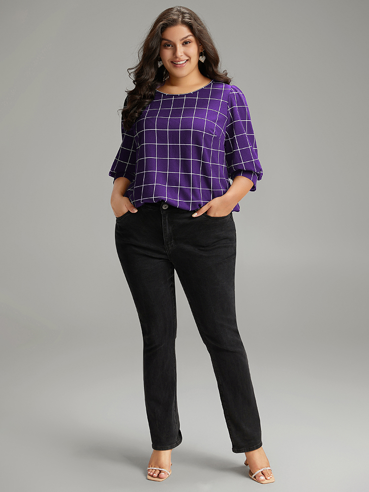 

Plus Size Plaid Round Neck Lantern Sleeve T-shirt Purple Women At the Office Printed Plaid Round Neck Work T-shirts BloomChic