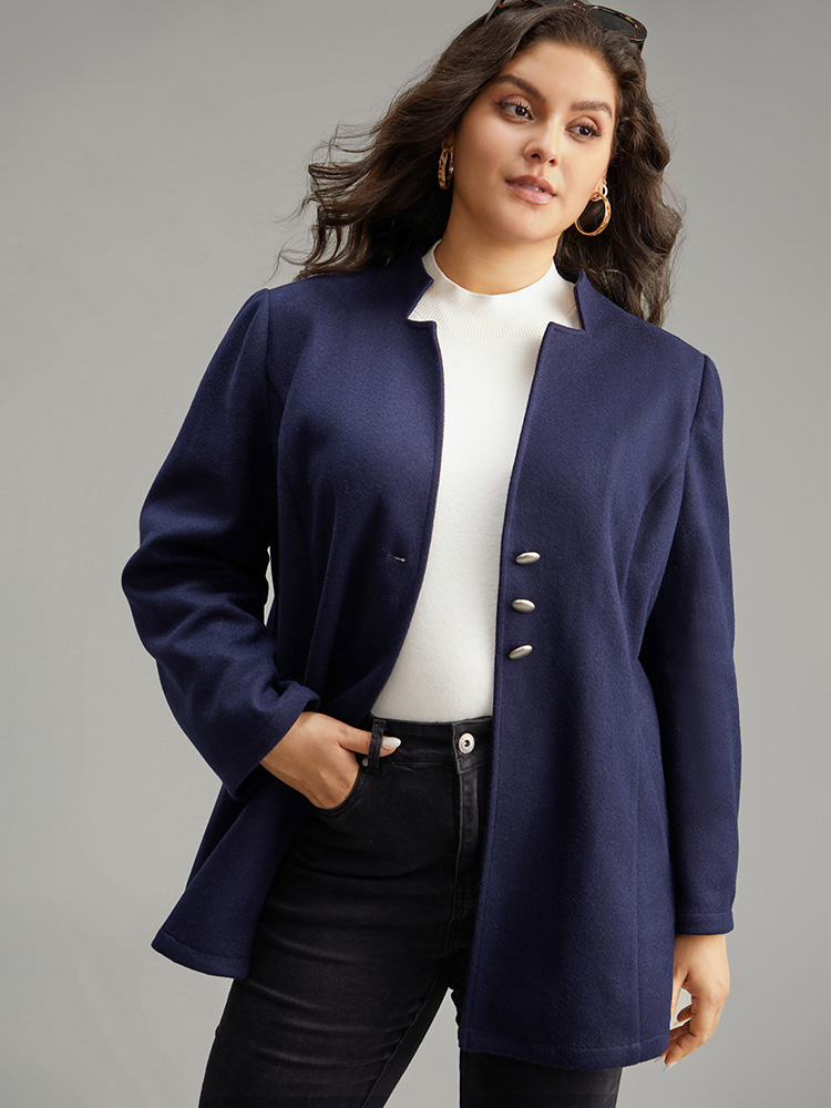 

Plus Size Solid Button Up Pocket Jacket Women DarkBlue Casual Plain Ladies Dailywear Winter Coats BloomChic