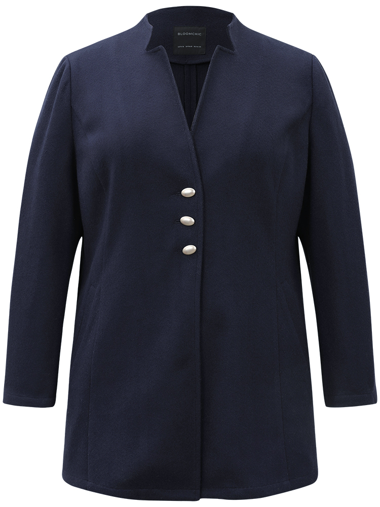 

Plus Size Solid Button Up Pocket Jacket Women DarkBlue Casual Plain Ladies Dailywear Winter Coats BloomChic