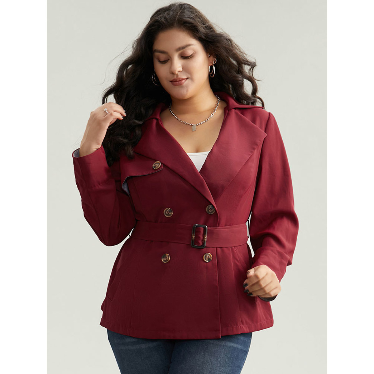

Plus Size Twill Lapel Collar Belted Button Up Buckle Detail Coat Women Burgundy Casual Plain Ladies Dailywear Winter Coats BloomChic
