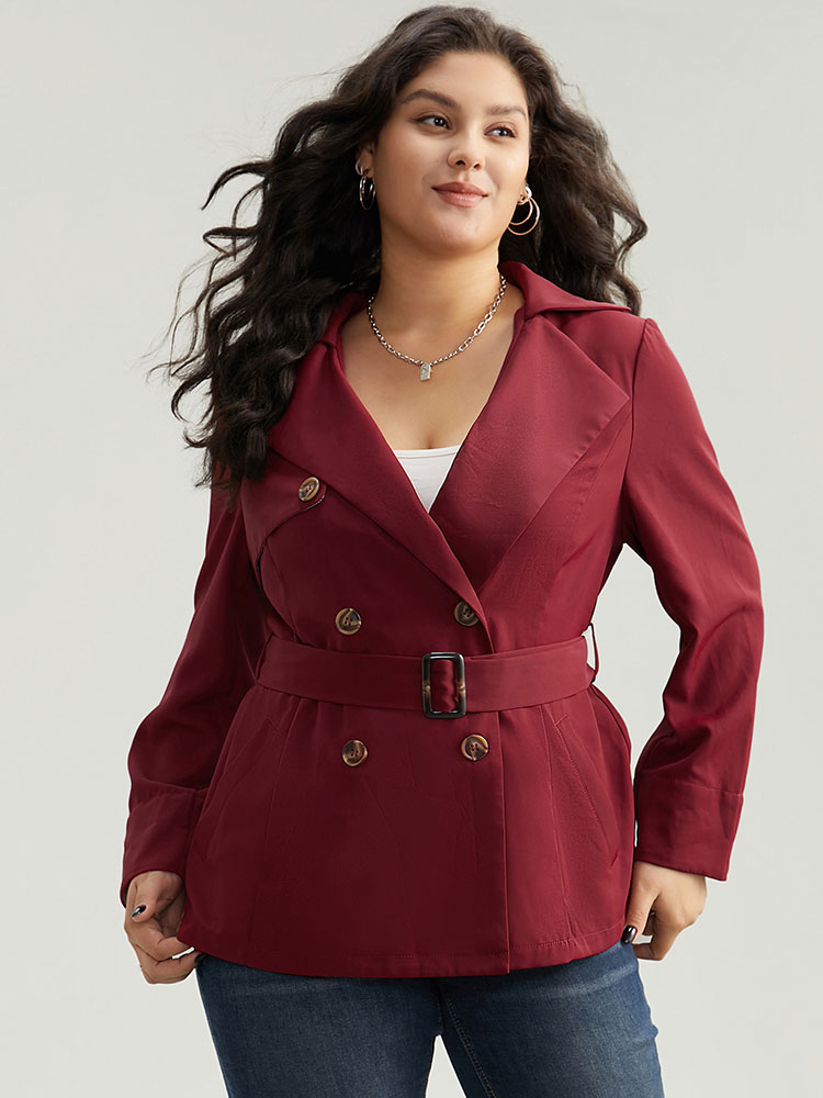 Plus Size Twill Lapel Collar Belted Button Up Buckle Detail Coat Women Burgundy Casual Plain Ladies Dailywear Winter Coats BloomChic 26/4X 