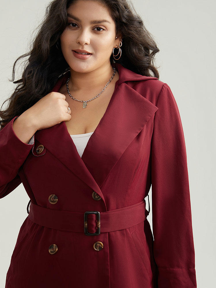 Plus Size Twill Lapel Collar Belted Button Up Buckle Detail Coat Women Burgundy Casual Plain Ladies Dailywear Winter Coats BloomChic 26/4X 