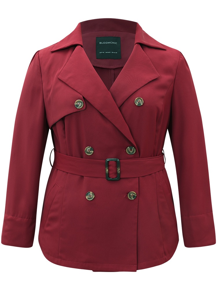 Plus Size Twill Lapel Collar Belted Button Up Buckle Detail Coat Women Burgundy Casual Plain Ladies Dailywear Winter Coats BloomChic 26/4X 