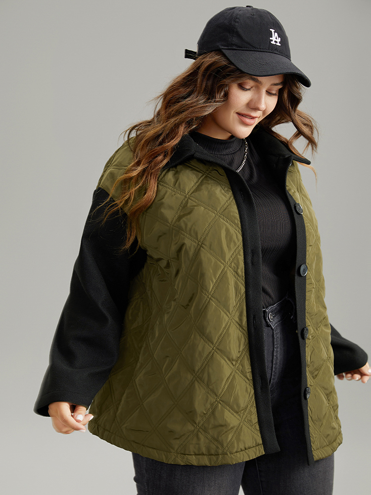 

Plus Size Contrast Patchwork Quilted Button Up Jacket Women ArmyGreen Casual Texture Ladies Dailywear Winter Coats BloomChic