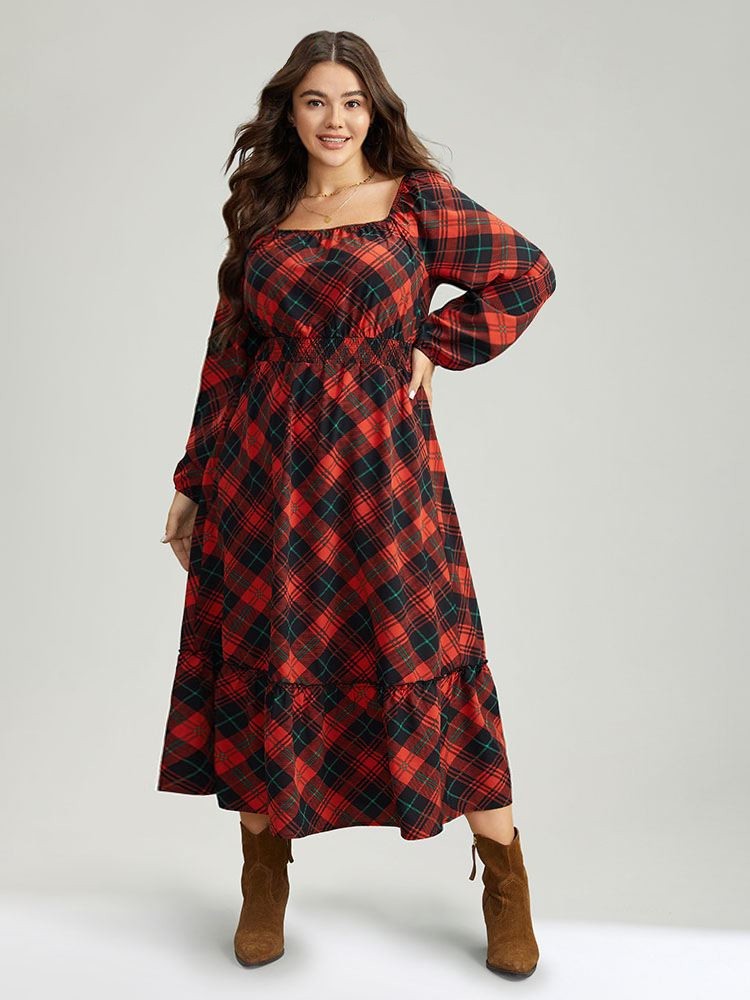 

Plus Size Plaid Shirred Frill Trim Pocket Square Neck Dress Scarlet Women Elegant Elastic cuffs Square Neck Long Sleeve Curvy Midi Dress BloomChic