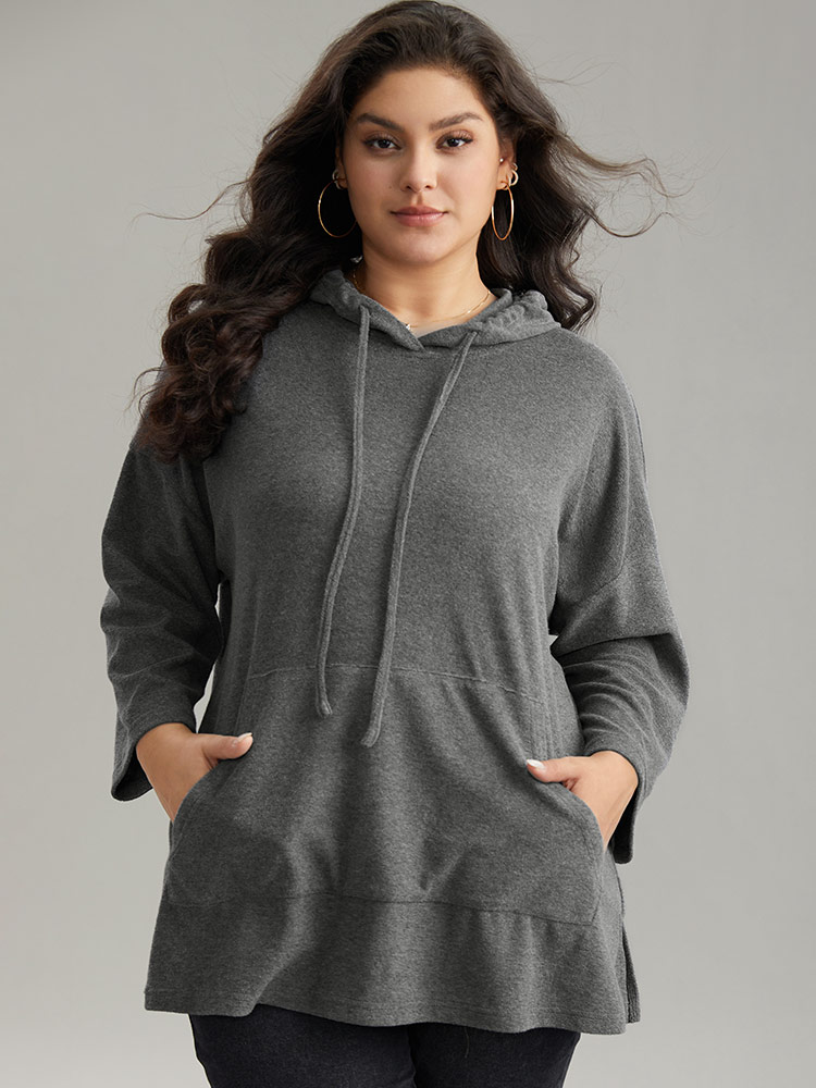 

Plus Size Plain Split Side Pocket Hooded Drawstring Sweatshirt Women Gray Casual Plain Hooded Everyday Sweatshirts BloomChic