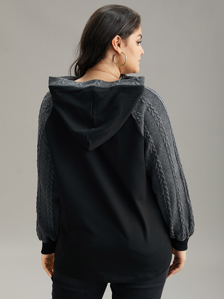 Plus Size Rib Knit Cable Knit Patchwork Hooded Sweatshirt Women Black Casual Elastic cuffs Hooded Dailywear Sweatshirts BloomChic 26/4X 
