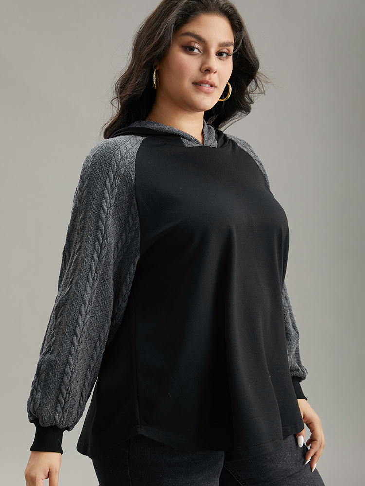 Plus Size Rib Knit Cable Knit Patchwork Hooded Sweatshirt Women Black Casual Elastic cuffs Hooded Dailywear Sweatshirts BloomChic 26/4X 