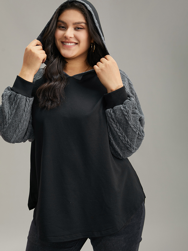 Plus Size Rib Knit Cable Knit Patchwork Hooded Sweatshirt Women Black Casual Elastic cuffs Hooded Dailywear Sweatshirts BloomChic 26/4X 