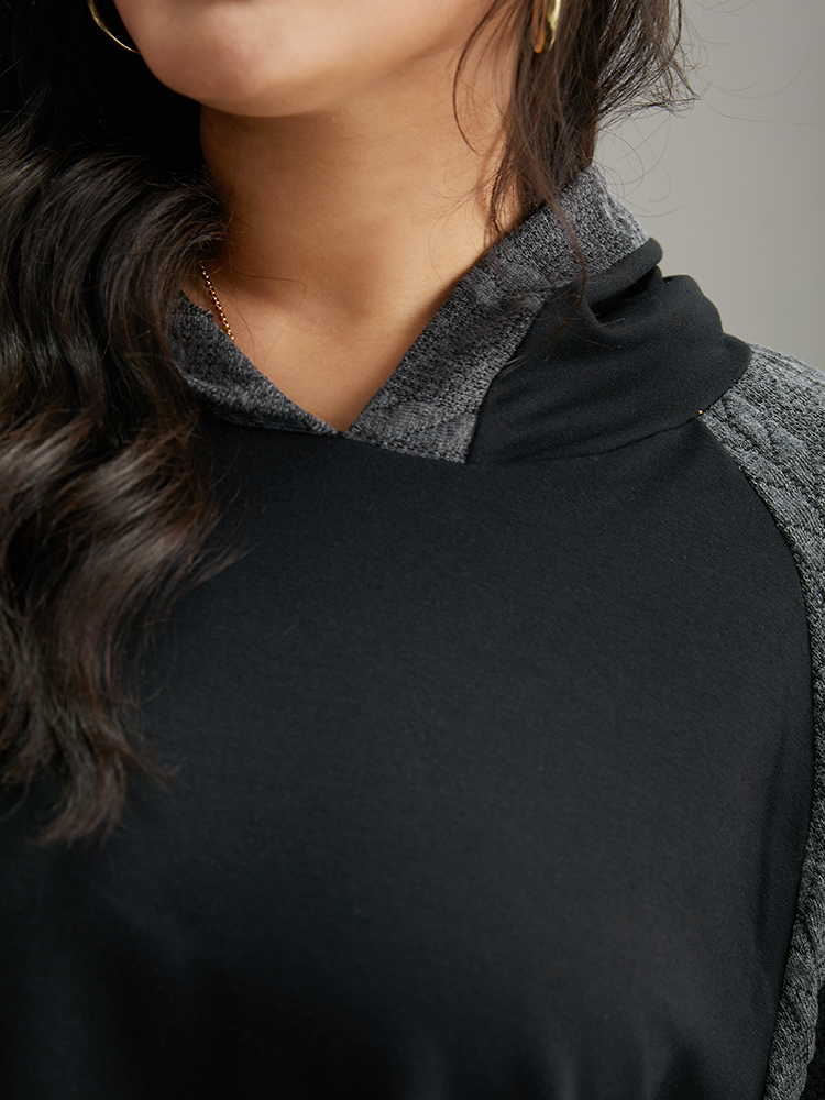 Plus Size Rib Knit Cable Knit Patchwork Hooded Sweatshirt Women Black Casual Elastic cuffs Hooded Dailywear Sweatshirts BloomChic 26/4X 