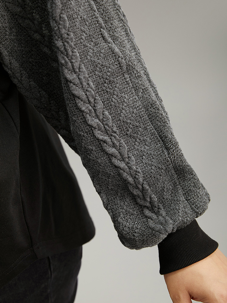 Plus Size Rib Knit Cable Knit Patchwork Hooded Sweatshirt Women Black Casual Elastic cuffs Hooded Dailywear Sweatshirts BloomChic 26/4X 
