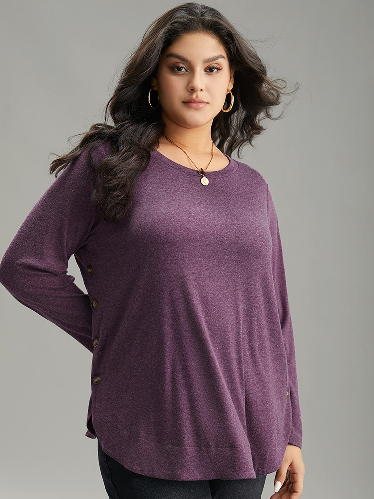 

Plus Size Plain Button Detail Curved Hem T-shirt Purple Women Casual Plain Plain Round Neck Dailywear T-shirts BloomChic