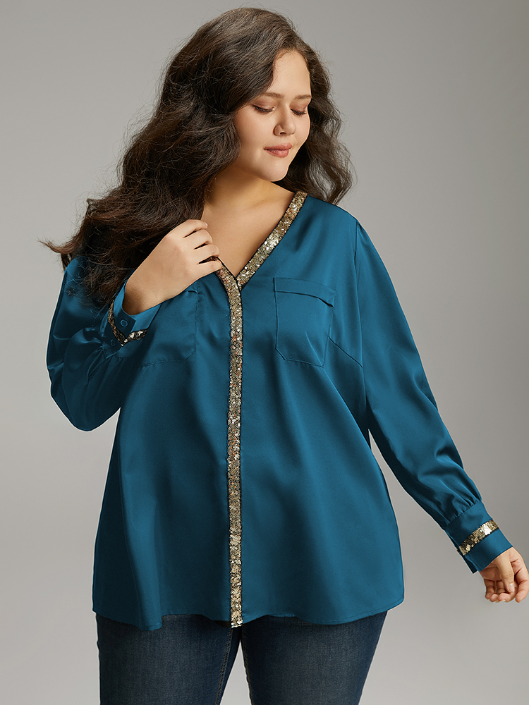 

Plus Size Aegean Sequin Patchwork V Neck Blouse Women Glamour Long Sleeve V-neck Party Blouses BloomChic