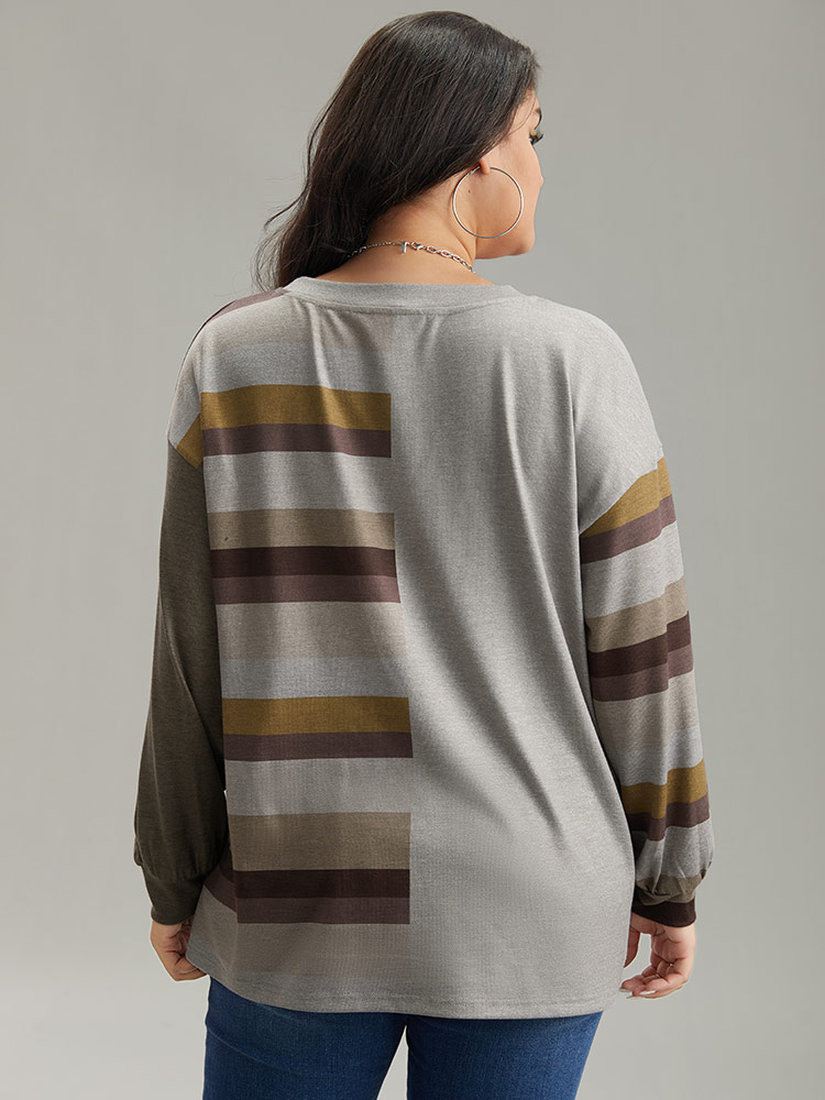 Plus Size Striped Patchwork Contrast Crew Neck Sweatshirt Women DimGray Casual Elastic cuffs Round Neck Dailywear Sweatshirts BloomChic 22-24/3X 