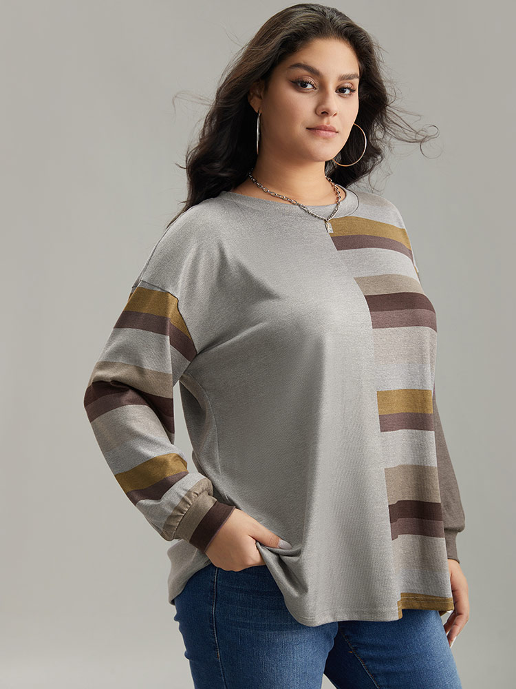 Plus Size Striped Patchwork Contrast Crew Neck Sweatshirt Women DimGray Casual Elastic cuffs Round Neck Dailywear Sweatshirts BloomChic 22-24/3X 