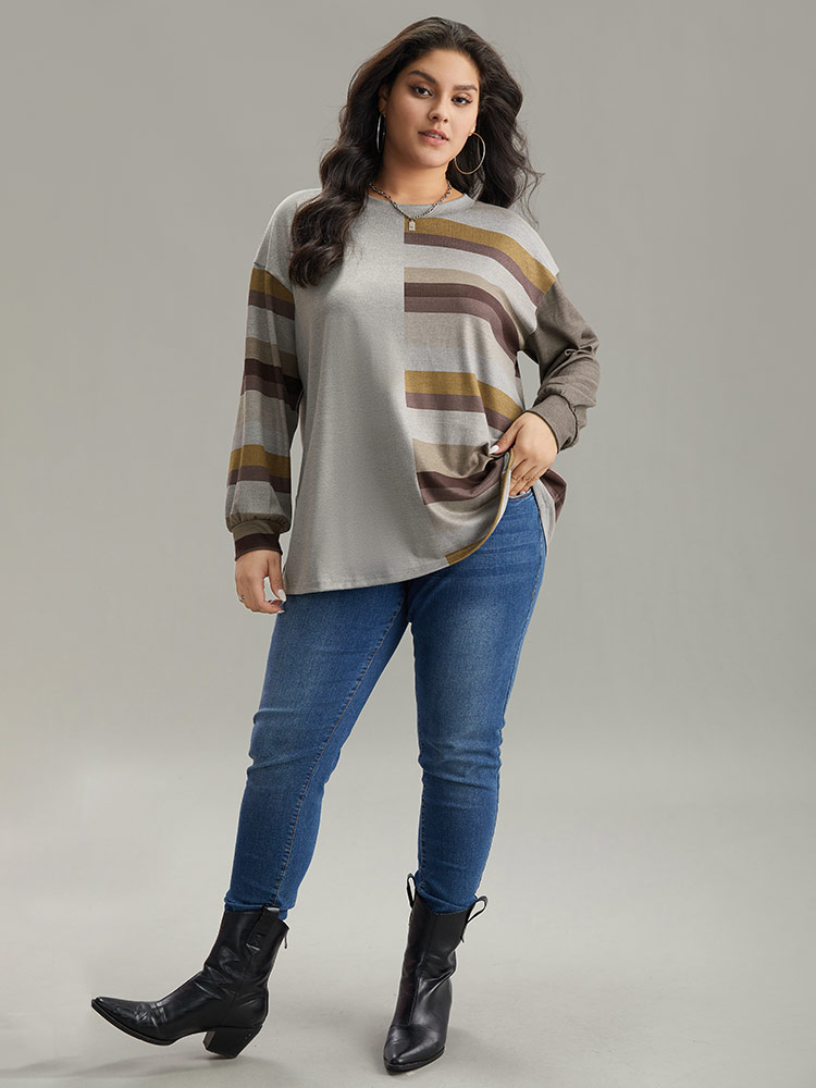 Plus Size Striped Patchwork Contrast Crew Neck Sweatshirt Women DimGray Casual Elastic cuffs Round Neck Dailywear Sweatshirts BloomChic 22-24/3X 