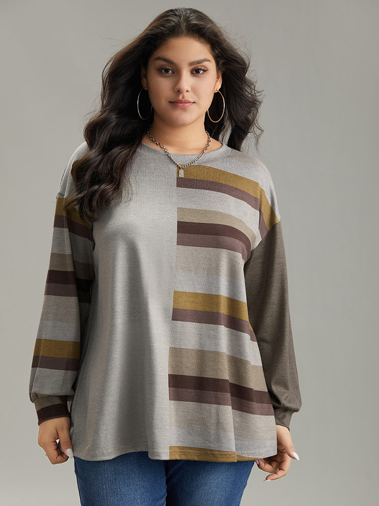 Plus Size Striped Patchwork Contrast Crew Neck Sweatshirt Women DimGray Casual Elastic cuffs Round Neck Dailywear Sweatshirts BloomChic 22-24/3X 