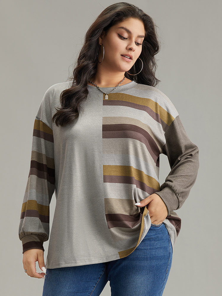 

Plus Size Striped Patchwork Contrast Crew Neck Sweatshirt Women DimGray Casual Elastic cuffs Round Neck Dailywear Sweatshirts BloomChic