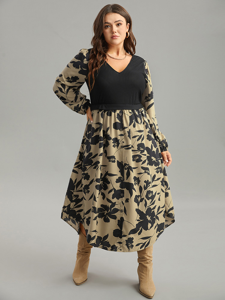 

Plus Size Silhouette Floral Print Rib Knit Patchwork Dress LightBrown Women Elegant Elastic cuffs V-neck Long Sleeve Curvy Midi Dress BloomChic