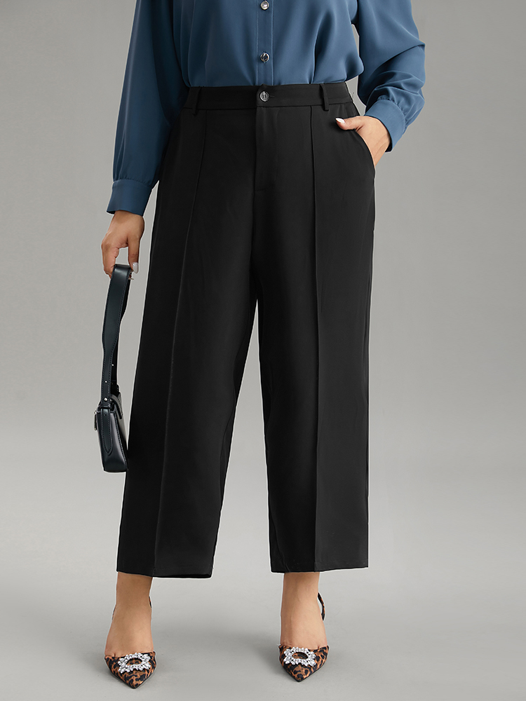 

Plus Size Static-Free Solid Seam Detail Button Up Pants Women Black Office Straight Leg High Rise Work Pants BloomChic