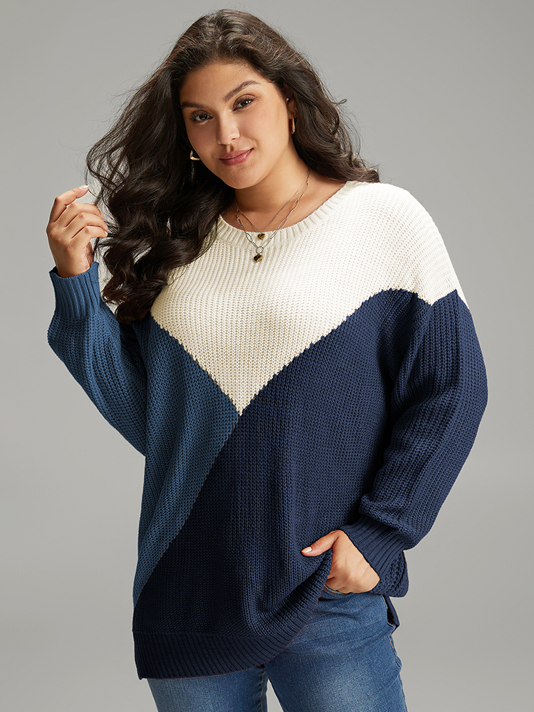 

Plus Size Colorblock Split Side Drop Shoulder Pullover DarkBlue Women Casual Loose Long Sleeve Round Neck Dailywear Pullovers BloomChic