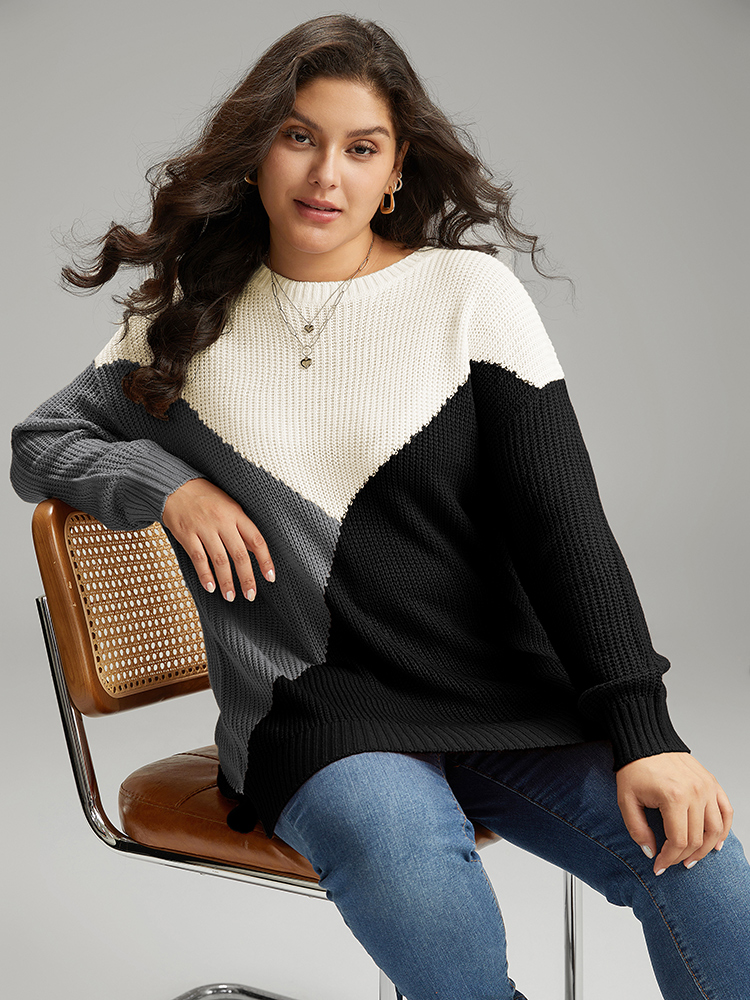 

Plus Size Colorblock Split Side Drop Shoulder Pullover Black Women Casual Loose Long Sleeve Round Neck Dailywear Pullovers BloomChic