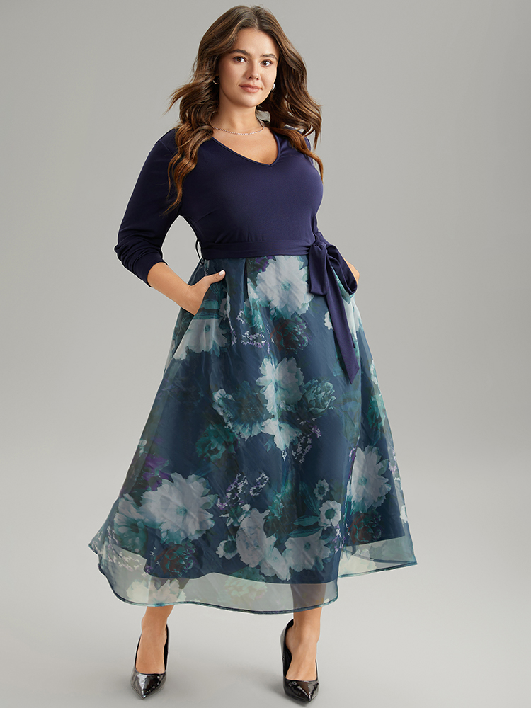 

Plus Size Floral Print Belted Patchwork Mesh Dress DarkBlue Women Elegant Belted V-neck Long Sleeve Curvy Midi Dress BloomChic