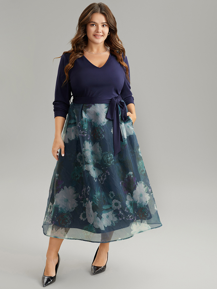 

Plus Size Floral Print Belted Patchwork Mesh Dress DarkBlue Women Elegant Belted V-neck Long Sleeve Curvy Midi Dress BloomChic